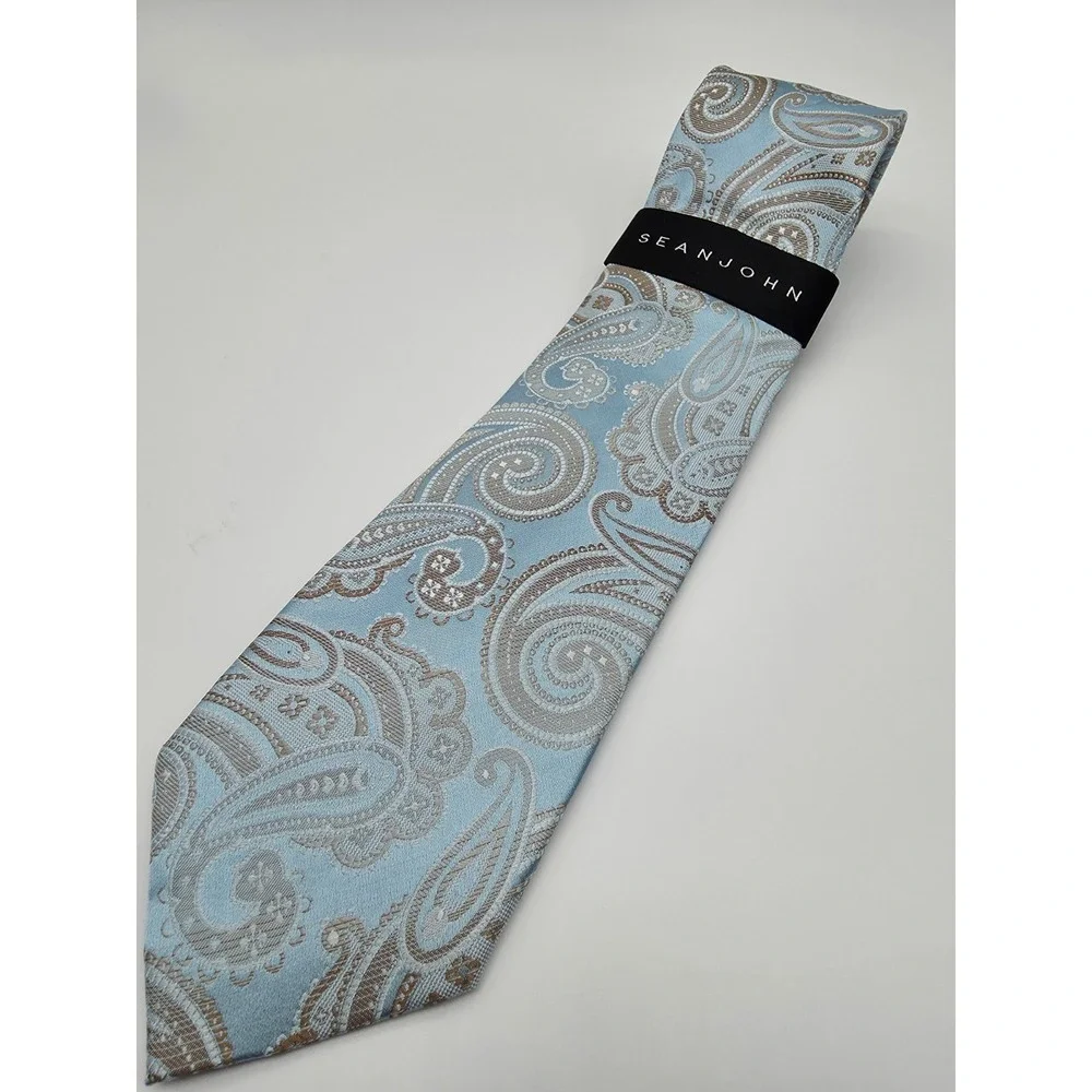 Sean John Tie Aqua Gold Silver Paisley Pattern Necktie 57